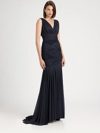 Fluid chiffon jersey, tailored in an evening-perfect floor-length silhouette and ruched basketweave construction.Surplice necklineSleevelessBasketweave constructionBack trainFully linedAbout 46 from natural waistAcetate/nylonDry cleanImportedModel shown is 5'11 (180cm) wearing US size Small. Fluid chiffon jersey, tailored in an evening-perfect floor-length silhouette and ruched basketweave construction.Surplice necklineSleevelessBasketweave constructionBack trainFully linedAbout 46 from natural waistAcetate/nylonDry cleanImportedModel shown is 5'11 (180cm) wearing US size Small.