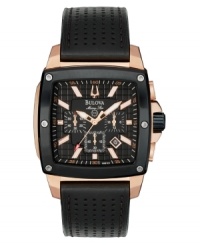 Designed to mesmerize. This Bulova watch features a perforated black leather strap and rose goldtone stainless steel case. Textured black chronograph dial with rose goldtone applied stick indices, logo, date window and three subdials. Quartz movement. Water resistant to 100 meters. Three-year limited warranty. Designed to mesmerize. This Bulova watch features a perforated black leather strap and rose goldtone stainless steel case. Textured black chronograph dial with rose goldtone applied stick indices, logo, date window and three subdials. Quartz movement. Water resistant to 100 meters. Three-year limited warranty.