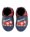 Don't worry; there's no fire, but this shoe is red hot! Your little man will go wild for the bright red firetrucks on this navy leather soft sole, and you will appreciate how the suede outsole prevents slipping and the elasticized ankle keeps them on no matter how much he moves.