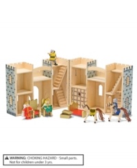 It's easy to man the battlements in this compact wooden castle! The king and queen have thrones and a royal bed, and two knights with horses to defend them and their treasure chest. The castle includes a working drawbridge, a dungeon and a handle for portable adventures! It's easy to man the battlements in this compact wooden castle! The king and queen have thrones and a royal bed, and two knights with horses to defend them and their treasure chest. The castle includes a working drawbridge, a dungeon and a handle for portable adventures!