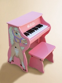 An adorable toddler piano sits on the ground and can easily be raised into an upright as a child grows. For ages 3 and up Horse decoration on one side Makes chime-like piano sounds Songbook included with classic songs Keys spaced to teach proper finger placement Removable color-coordinated strip guides small fingers from chord to chord Hardwood/hardboard 17W X 10¾H X 10½D Imported