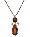 Style inspired by the South Pacific. Jessica Simpson's oh-so summery pendant features a brilliant coral-colored plastic teardrop and accents set in bronze tone mixed metal. Pendant hangs from a trendy silver tone mixed metal chain. Approximate length: 30 inches. Approximate drop: 2-1/2 inches.
