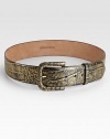 Luxe embossed metallic/black croc belt with self-covered buckle.Width, about 2Made in the USA