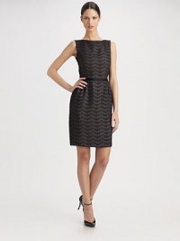 Elegant lace-print silk sheath with deep back V neck and slender satin belt.Sleeveless Front neckline dips to V back Princess seams Inverted waist pleats Concealed back zipper Silk Dry clean Imported Elegant lace-print silk sheath with deep back V neck and slender satin belt.Sleeveless Front neckline dips to V back Princess seams Inverted waist pleats Concealed back zipper Silk Dry clean Imported