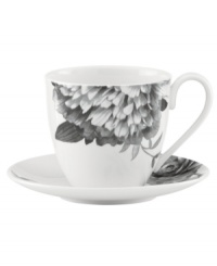 Subdued in shades of gray, the vivacious florals of Moonlit Garden dinnerware adorn this elegant cup and saucer set with modern romance. In durable Lenox porcelain. Subdued in shades of gray, the vivacious florals of Moonlit Garden dinnerware adorn this elegant cup and saucer set with modern romance. In durable Lenox porcelain.