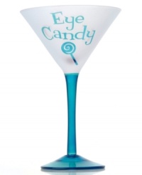 Sweet. Show your sassy side with this flirtatious martini glass. A clear blue base and stem contrasts a frosted white bowl with the phrase, Eye Candy. (Clearance) Sweet. Show your sassy side with this flirtatious martini glass. A clear blue base and stem contrasts a frosted white bowl with the phrase, Eye Candy. (Clearance)