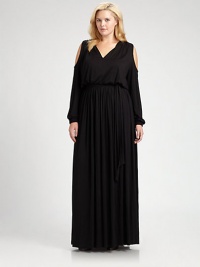 Silky jersey is both easy and elegant, in a simply shaped gown with surprise shoulder cutouts.V necklineTiny pleats at shouldersLong full sleeves with shoulder cutouts and elasticized cuffsSoft tie at waistLong flowing skirtAbout 48 from natural waistModal/spandexDry cleanMade in USA Silky jersey is both easy and elegant, in a simply shaped gown with surprise shoulder cutouts.V necklineTiny pleats at shouldersLong full sleeves with shoulder cutouts and elasticized cuffsSoft tie at waistLong flowing skirtAbout 48 from natural waistModal/spandexDry cleanMade in USA