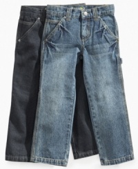 Solid construction. These carpenter denim jeans from Greendog do work, helping him tackle any project he dreams up. Solid construction. These carpenter denim jeans from Greendog do work, helping him tackle any project he dreams up.