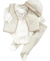 Grin and bear it. His smile will be a mile wide in this comfortable bodysuit, vest, legging and beanie set from Little Me.
