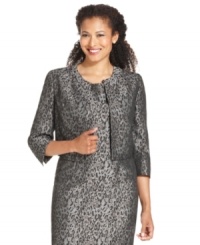 Metallic jacquard rendered in bold animal print makes a fashionable statement. Wear Kasper's jacket alone or pair it with the coordinating sheath dress for a perfectly-matched look. Metallic jacquard rendered in bold animal print makes a fashionable statement. Wear Kasper's jacket alone or pair it with the coordinating sheath dress for a perfectly-matched look.