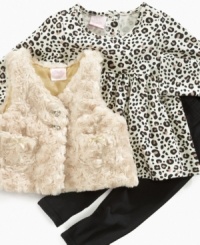 Give her a taste of the exotic with this animal-print shirt, faux-fur vest and pant set from Nannette.