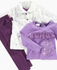 No more worries about what goes with what. Nannette puts together a perfectly adorable faux fur jacket, top, and pants. No more worries about what goes with what. Nannette puts together a perfectly adorable faux fur jacket, top, and pants.