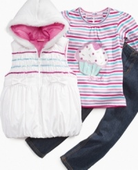 Cute as a cupcake, she'll get a sweet style in this adorable hooded vest, striped tee and denim leggings set from Nannette. Cute as a cupcake, she'll get a sweet style in this adorable hooded vest, striped tee and denim leggings set from Nannette.