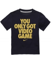 Oh snap. He can show off his competitive side with this cheeky caption tee from Nike. Oh snap. He can show off his competitive side with this cheeky caption tee from Nike.