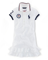 A preppy cap-sleeved polo dress in breathable stretch-cotton mesh is accented with London embroidery, celebrating Team USA's participation in the 2012 Olympics. A preppy cap-sleeved polo dress in breathable stretch-cotton mesh is accented with London embroidery, celebrating Team USA's participation in the 2012 Olympics.