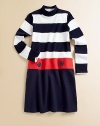 Rendered in ultra plush cotton, a striped mockneck top is connected to a solid skirt by a contrasting belt detail.MockneckLong sleevesPullovers styleDrop-waist with belt detailFull skirtCottonMachine washImported