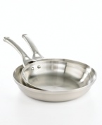 Fill your kitchen with sizzle and style. This exquisite, brushed stainless steel skillet features a sleek, curved vessel and tri-ply performance -- a heavy-gauge aluminum core bonded between two layers of stainless steel -- for ultimate culinary functionality. Lifetime warranty.