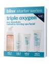 An at-home introduction to the Triple Oxygen Treatment™, Bliss spas signature radiance-revving facial, this kit includes introductory sizes of our top glow-getting formulas: Triple Oxygen Instant Energizing Cleansing Foam, Instant Energizing Mask, Instant Energizing Eye Gel and Triple Oxygen+C Energizing Cream. Its a spa-in-a-box set that will get you on the bright track in no time. Kit includes: Triple Oxygen Instant Energizing Cleansing Foam (1.7 oz.) removes makeup and impurities, hydrates and refreshes. Triple Oxygen Instant Energizing Mask (.34 oz.) delivers glow-giving oxygen to skin with FluidO2 Technology. Triple Oxygen Instant Energizing Eye Gel (.17 oz.) deflates puff and blurs fine lines with soft focus powders. Triple Oxygen+C Energizing Cream (.5 oz.) leaves skin dewy and helps promote collagen synthesis with super-charged vitamin C.