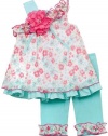 Rare Editions Girls 2T-6x Aqua Pink Flower 1-Shoulder Capri set, 2T