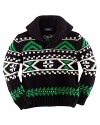 A shawl-collar sweater is updated in a hardy knit with an allover intarsia motif for fun holiday style.