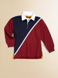 A classic rugby shirt is updated with sporty stripes in a colorblocked design for timeless style.Twill rugby collarLong sleevesButton-frontUneven side-vented hemCottonMachine washImported Please note: Number of buttons may vary depending on size ordered. A classic rugby shirt is updated with sporty stripes in a colorblocked design for timeless style.Twill rugby collarLong sleevesButton-frontUneven side-vented hemCottonMachine washImported Please note: Number of buttons may vary depending on size ordered.