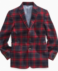 Preppy style comes easy with an eye-catching plaid blazer from Tommy Hilfiger. Preppy style comes easy with an eye-catching plaid blazer from Tommy Hilfiger.