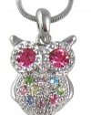 Pretty Pastel Rainbow Pink, Blue, Green, Yellow Crystal Embellished Owl Pendant and Necklace - Silver Plated