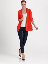 Vibrant silk in an oversized single-button blazer styled with slouchy patch pockets.Notch collarThree-quarter sleevesRuched cuffsBodice dartsVented back hemAbout 27 from shoulder to hemSilkDry cleanImportedModel shown is 5'10 (177cm) wearing US size 4. Vibrant silk in an oversized single-button blazer styled with slouchy patch pockets.Notch collarThree-quarter sleevesRuched cuffsBodice dartsVented back hemAbout 27 from shoulder to hemSilkDry cleanImportedModel shown is 5'10 (177cm) wearing US size 4.