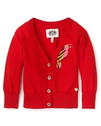 This charming cardigan from Juicy Couture ups the ante with a big, bright bird print at the left chest and engraved goldtone buttons. This charming cardigan from Juicy Couture ups the ante with a big, bright bird print at the left chest and engraved goldtone buttons.