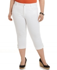 A sleek fit defines Not Your Daughter's Jeans' plus size cuffed capris, featuring a control panel for a flattering shape-- pair them with your favorite tanks and tees! A sleek fit defines Not Your Daughter's Jeans' plus size cuffed capris, featuring a control panel for a flattering shape-- pair them with your favorite tanks and tees!