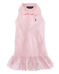 The classic cotton-mesh polo dress is given a sweet warm-weather look in a sleeveless silhouette with a cute eyelet skirt. The classic cotton-mesh polo dress is given a sweet warm-weather look in a sleeveless silhouette with a cute eyelet skirt.