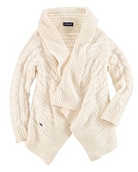 A stylish sweater is rendered in a hearty cable knit with a ribbed shawl collar and open silhouette for a modern look. A stylish sweater is rendered in a hearty cable knit with a ribbed shawl collar and open silhouette for a modern look.