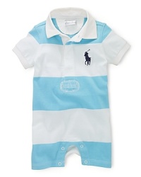 An adorable iteration of the classic rugby shirt, this preppy shortall in lightweight cotton jersey channels sporty style with bright, bold stripes. An adorable iteration of the classic rugby shirt, this preppy shortall in lightweight cotton jersey channels sporty style with bright, bold stripes.