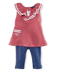 A bright chambray top and stretch legging set evokes sporty nautical style, detailed with sailor-inspired stripes, an embroidered patch pocket and a ruffled neckline. A bright chambray top and stretch legging set evokes sporty nautical style, detailed with sailor-inspired stripes, an embroidered patch pocket and a ruffled neckline.