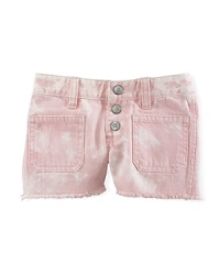 The tie-dyed denim short is finished with allover contrast fading and a cut-off hem for a timeworn look. The tie-dyed denim short is finished with allover contrast fading and a cut-off hem for a timeworn look.