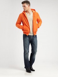 Brave the season's unpredictable elements in this classic windbreaker with attached hood.Zip frontWaist slash pocketsRibbed cuffs and hemAbout 25 from shoulder to hemFully linedPolyesterDry cleanImported of Italian fabric Brave the season's unpredictable elements in this classic windbreaker with attached hood.Zip frontWaist slash pocketsRibbed cuffs and hemAbout 25 from shoulder to hemFully linedPolyesterDry cleanImported of Italian fabric