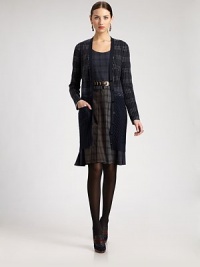 A crisp, chic checked pattern, offset by a base panel of fine-knit cables.V necklineButton frontLong sleevesCable-knit panelWelt pocketsAbout 31 from shoulder to hem80% wool/20% silkDry cleanMade in ItalyModel shown is 5'11 (180cm) wearing US size Small. A crisp, chic checked pattern, offset by a base panel of fine-knit cables.V necklineButton frontLong sleevesCable-knit panelWelt pocketsAbout 31 from shoulder to hem80% wool/20% silkDry cleanMade in ItalyModel shown is 5'11 (180cm) wearing US size Small.