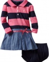 Nautica Sportswear Kids Baby-girls Infant Long Sleeve Striped Rugby Top With Attached Chambray Skirt, Medium Pink, 18 Months