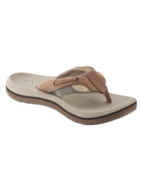 These darling soft leather and canvas Sperry Top-Sider sandals are crafted in a slip-on thong sandal style with a round open toe. These darling soft leather and canvas Sperry Top-Sider sandals are crafted in a slip-on thong sandal style with a round open toe.