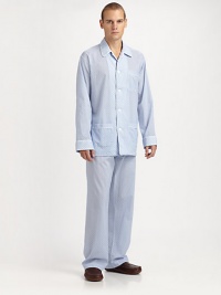Lounge around all night and day in this luxuriously soft cotton two-piece set with piping for a classic feel. Machine wash. Imported.SHIRTButtonfrontSpread collarChest, waist patch pocketsPANTSFlat-front styleAdjustable two-button waistSide elastic waist insetsNo flyInseam, about 31 Lounge around all night and day in this luxuriously soft cotton two-piece set with piping for a classic feel. Machine wash. Imported.SHIRTButtonfrontSpread collarChest, waist patch pocketsPANTSFlat-front styleAdjustable two-button waistSide elastic waist insetsNo flyInseam, about 31