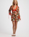 Featuring the signature Milly rose print, a breezy, chiffon-trimmed coverup. V-neckThree-quarter tie sleevesCottonFully linedDry cleanMade in USA of Italian fabricPlease note: Bikini bottom sold separately. 