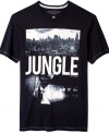 Essential gear for life in the urban jungle: Calvin Klein Jeans' graphic tee printed with a cityscape and subway scene.