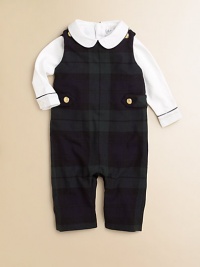 An essential, classic set pairs a preppy plaid overall with a soft cotton jersey bodysuit. Bodysuit Club collarLong sleevesBack snapsBottom snaps Overall SleevelessShoulder straps with adjustable buttonsWaist button tabsBottom snapsCottonMachine washImported Please note: Number of buttons may vary depending on size ordered. 