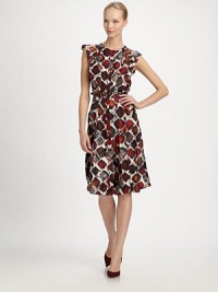 A geometric, painterly pattern decorates this supple silk silhouette.Jewel necklineRuffled cap sleevesButton frontSelf beltFully linedAbout 32 from natural waistSilkDry cleanMade in USA of Italian fabricModel shown is 5'10 (177cm) wearing US size 4. A geometric, painterly pattern decorates this supple silk silhouette.Jewel necklineRuffled cap sleevesButton frontSelf beltFully linedAbout 32 from natural waistSilkDry cleanMade in USA of Italian fabricModel shown is 5'10 (177cm) wearing US size 4.