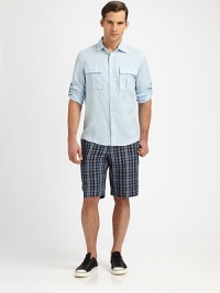 Classic-fit short, in a basic check print pattern that never goes out of style.Flat-front styleSide slash, back welt pocketsInseam, about 1062% cotton/38% linenMachine washImported Classic-fit short, in a basic check print pattern that never goes out of style.Flat-front styleSide slash, back welt pocketsInseam, about 1062% cotton/38% linenMachine washImported