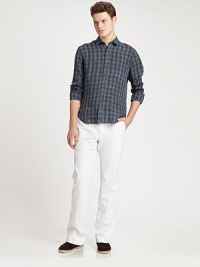 EXCLUSIVELY OURS. Rendered in luxuriously lightweight linen, this slim-fitting sportshirt exudes a masculine finish with a sophisticated plaid print.Button-frontLinenMachine washImported EXCLUSIVELY OURS. Rendered in luxuriously lightweight linen, this slim-fitting sportshirt exudes a masculine finish with a sophisticated plaid print.Button-frontLinenMachine washImported