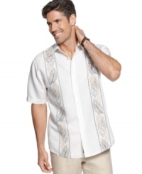 Go with the flow. Make your laid-back vibe apparent with this relaxed, embroidered shirt from Cubavera. Go with the flow. Make your laid-back vibe apparent with this relaxed, embroidered shirt from Cubavera.