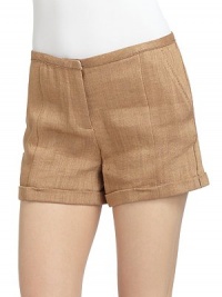 THE LOOKTextured designThin banded waistFront zip and tab closureSide seam pocketsSeam detailsCuffed hemBack dartsTHE FITRise, about 10Inseam, about 4THE MATERIAL57% jute/22% cotton/21% rayonCARE & ORIGINMachine washMade in ItalyModel shown is 5'10 (177cm) wearing US size 4. THE LOOKTextured designThin banded waistFront zip and tab closureSide seam pocketsSeam detailsCuffed hemBack dartsTHE FITRise, about 10Inseam, about 4THE MATERIAL57% jute/22% cotton/21% rayonCARE & ORIGINMachine washMade in ItalyModel shown is 5'10 (177cm) wearing US size 4.