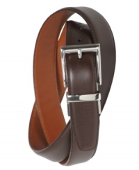 Finished in elegant leather, the dress belt can be worn in two different colors for versatile style. Finished in elegant leather, the dress belt can be worn in two different colors for versatile style.