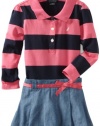 Nautica Sportswear Kids Girls 2-6X Long Sleeve Striped Rugby Top With Chambray Skirt Attached, Medium Pink, 2T